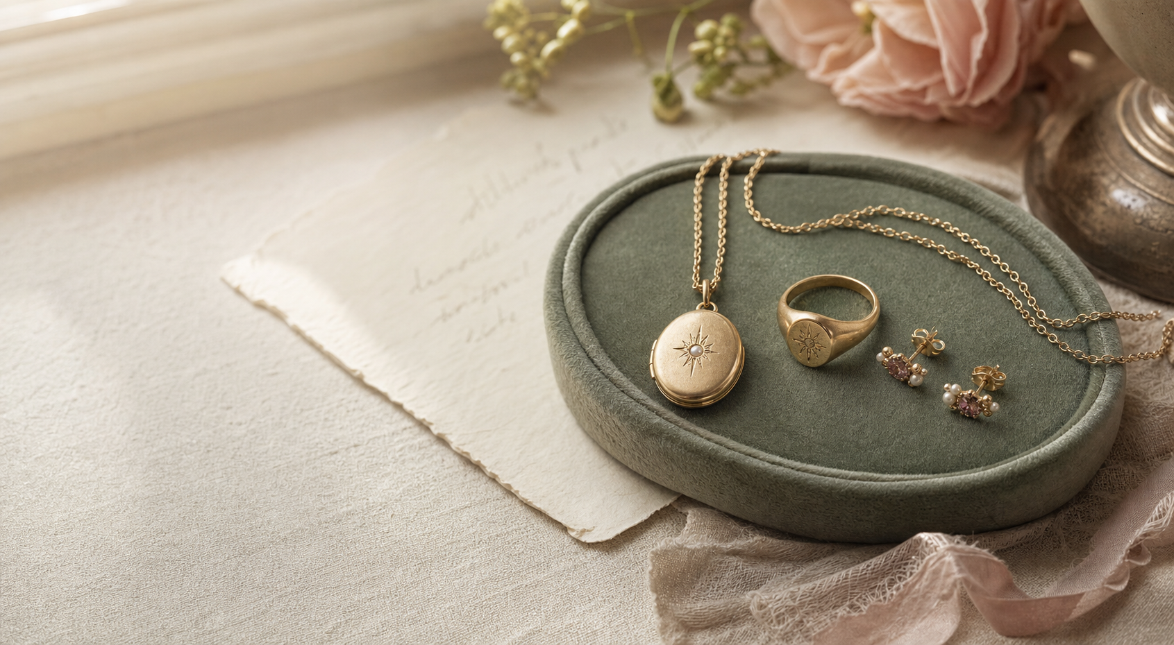 Gold heirloom jewelry on linen and velvet