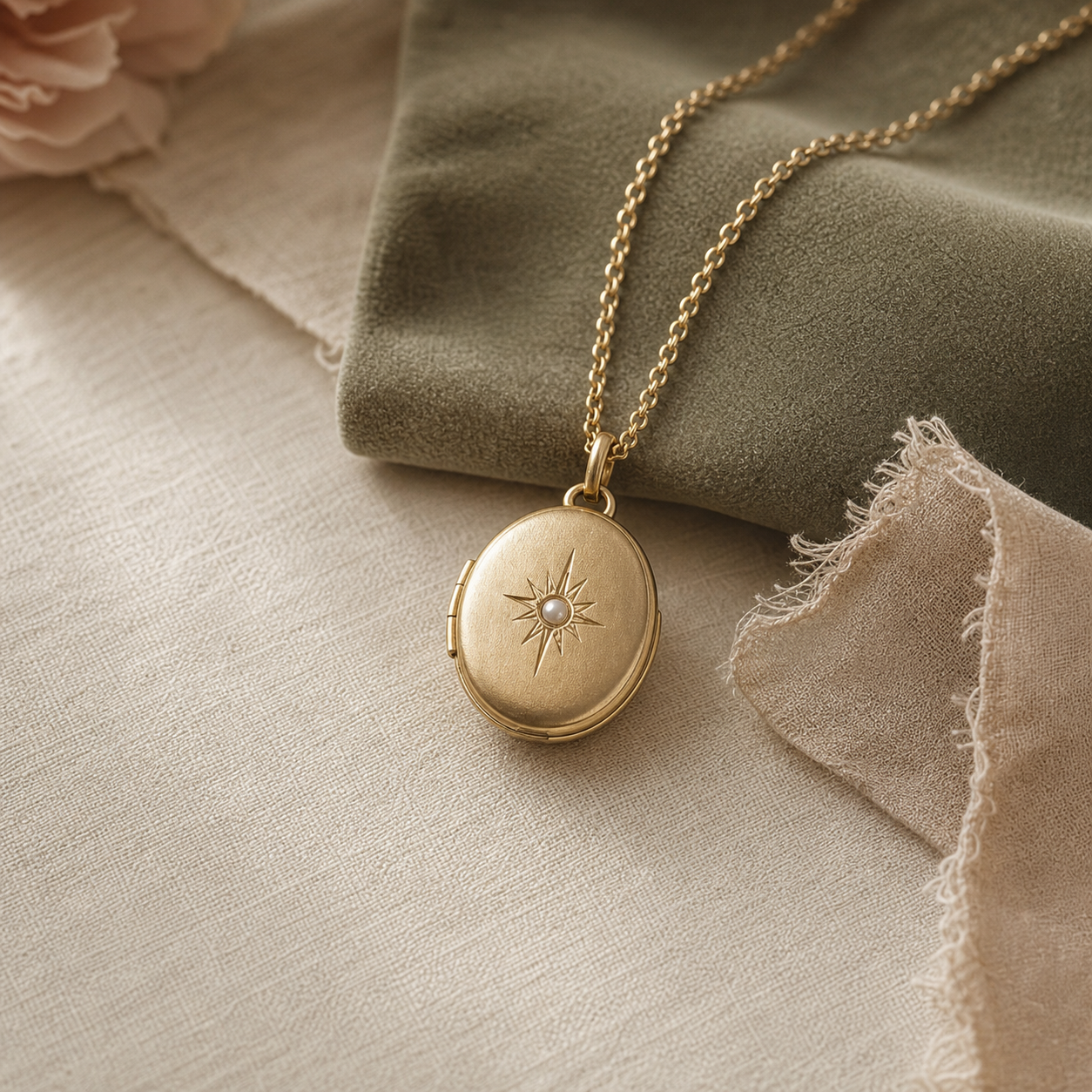 14kt gold oval locket necklace on ivory linen