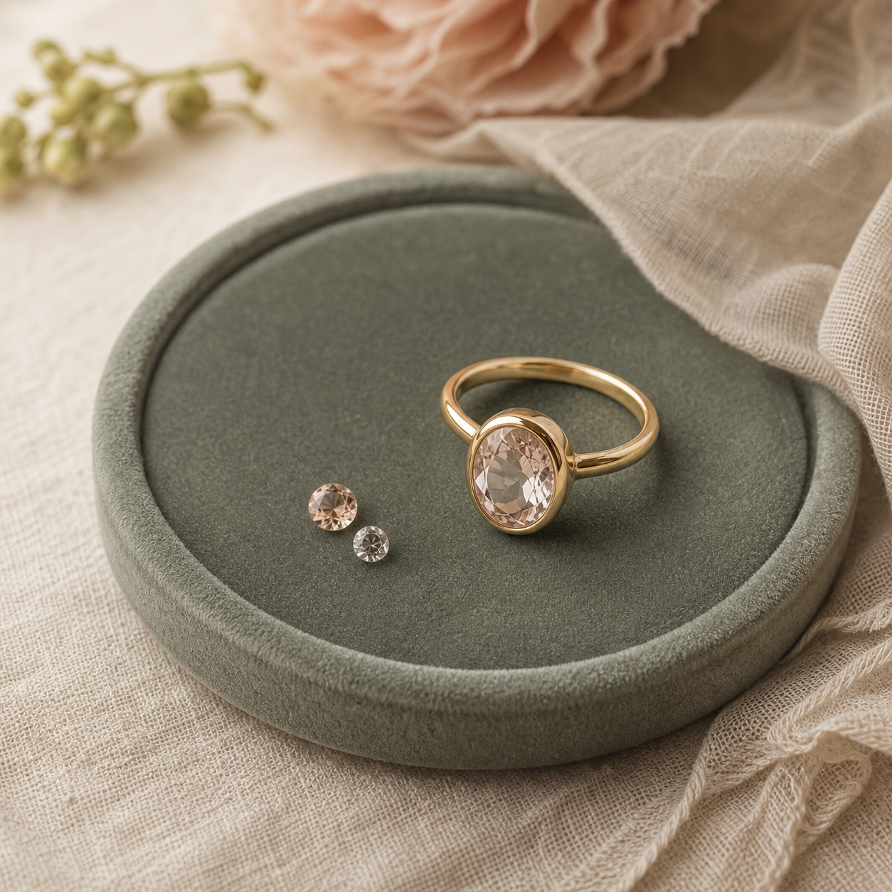 14kt or 18kt gold gemstone reset ring on linen