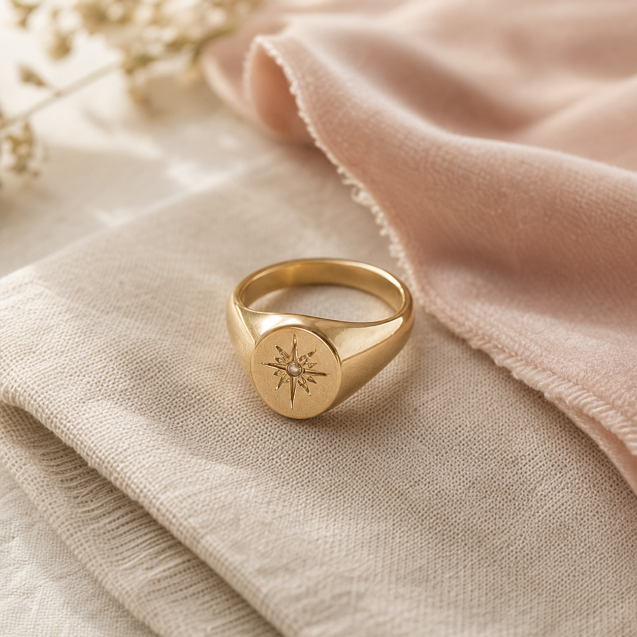 18kt gold signet ring on soft jewelry cloth